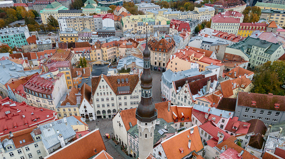 Drone aerial view to Old Town Tallinn City Hall building